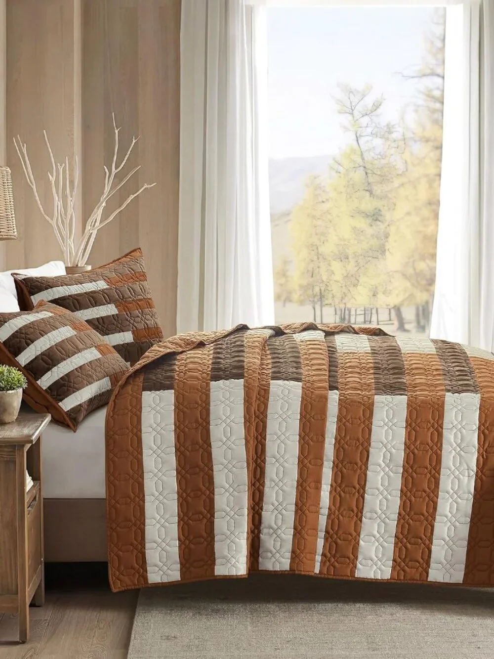 Patchwork Quilt Set King, All-Season Bedding, Brown Boho Coverlet Soft Multi-Mat